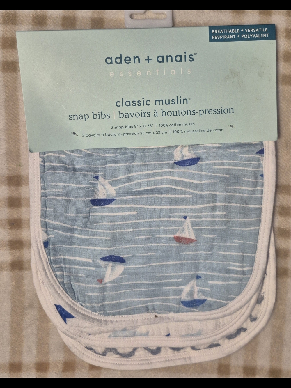 aden + anais Essentials Classic Muslin Snap Bibs - Light Blue Sailboat